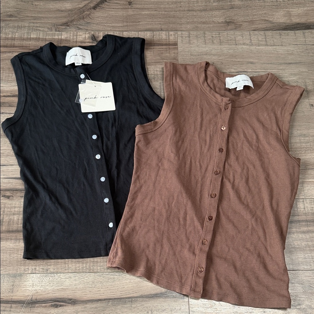 Sleeveless Ribbed Tops - Black and Brown